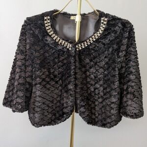 Haani Faux Fur Jacket Women XL Rhinestone Embellished Cropped Bolero Shrug